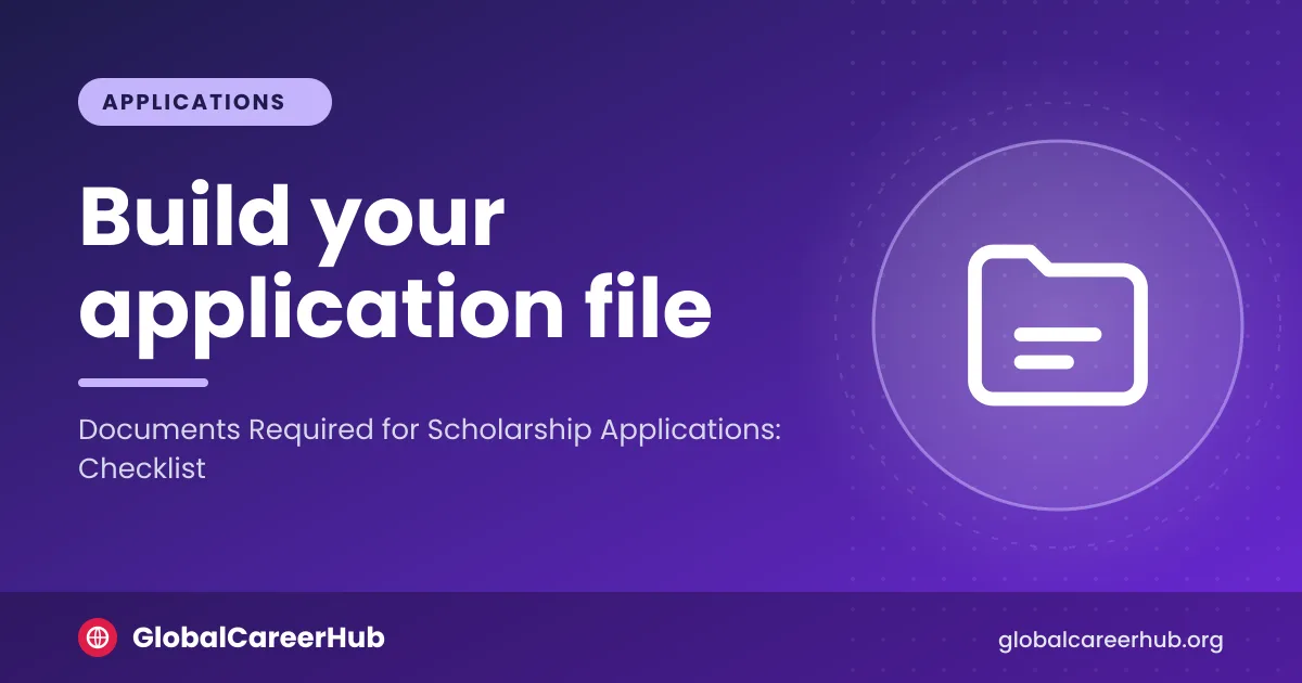 Documents required for scholarship applications: a labelled folder with degree, transcript, passport and CV scans